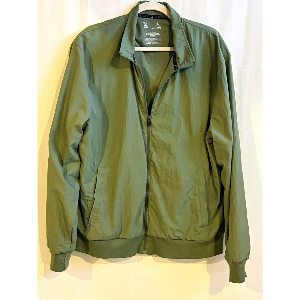 Xersion Men's Green Bomber Jacket Full Zip Stand-Up Collar Pockets Size L